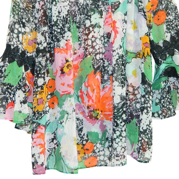 Joseph Ribkoff Sheer Floral Oversize Chiffon 3/4" Bell Cuff Sleeve Blouse Size 8 - Picture 10 of 16